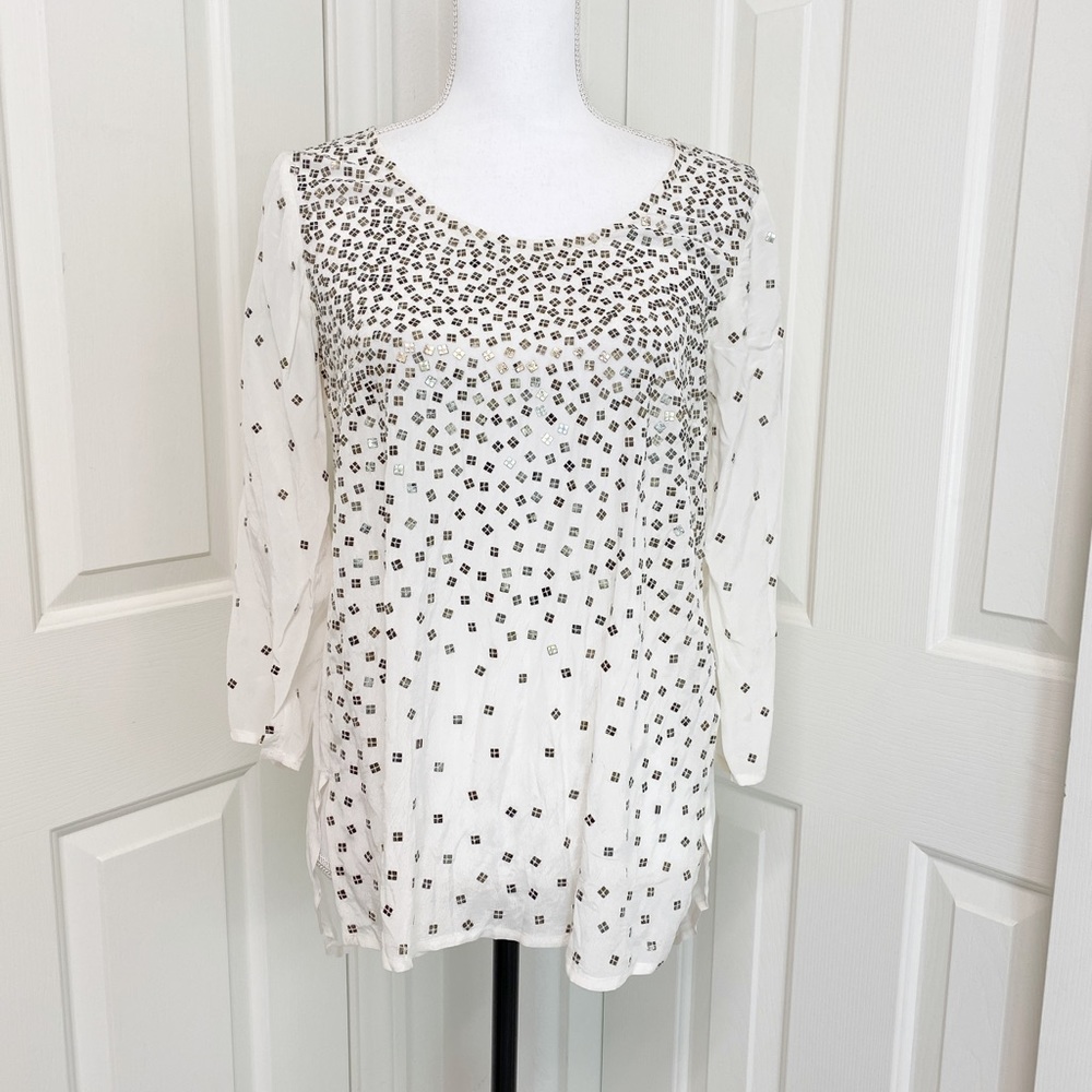 Plenty by Tracy Reese Ivory Sequined Metal Beads 3/4 Sleeve Blouse Party top